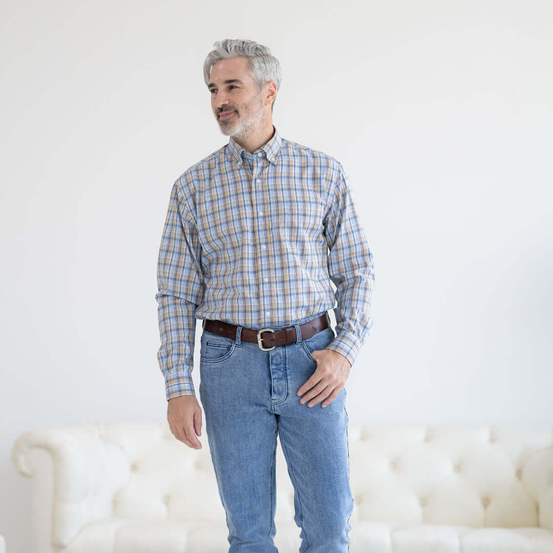 Blue and brown plaid long sleeve button-down shirt with magnetic closures, designed for ease and independence.