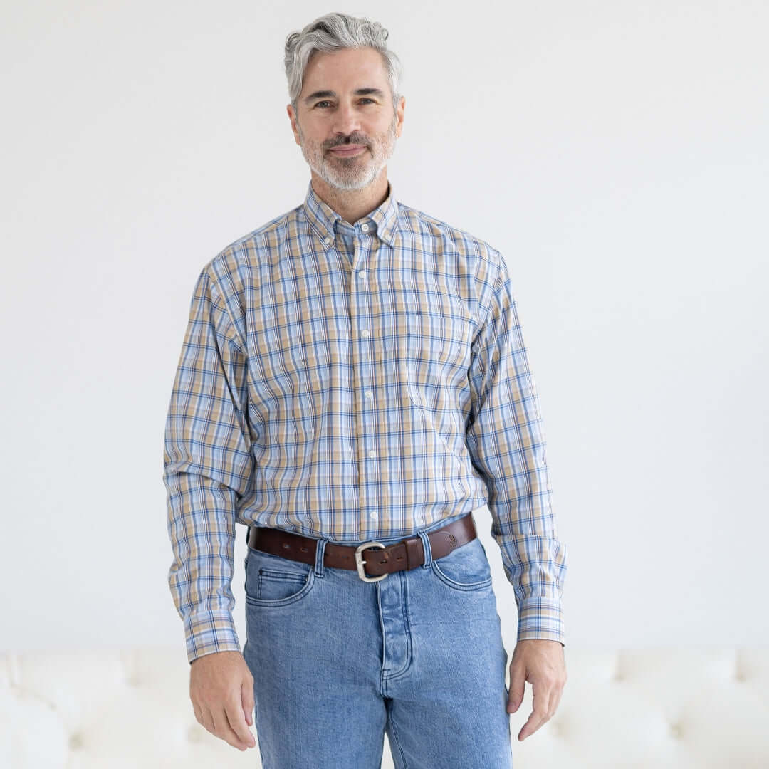Blue and Brown Plaid Long Sleeve Button Down Collar Shirt with Magnetic Closures