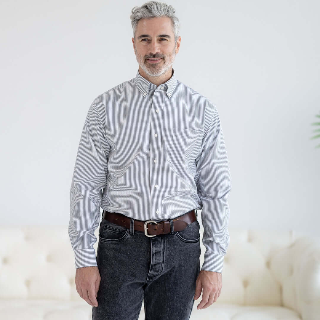 Grey Stripe Long Sleeve Button Down Collar Shirt with Magnetic Closures