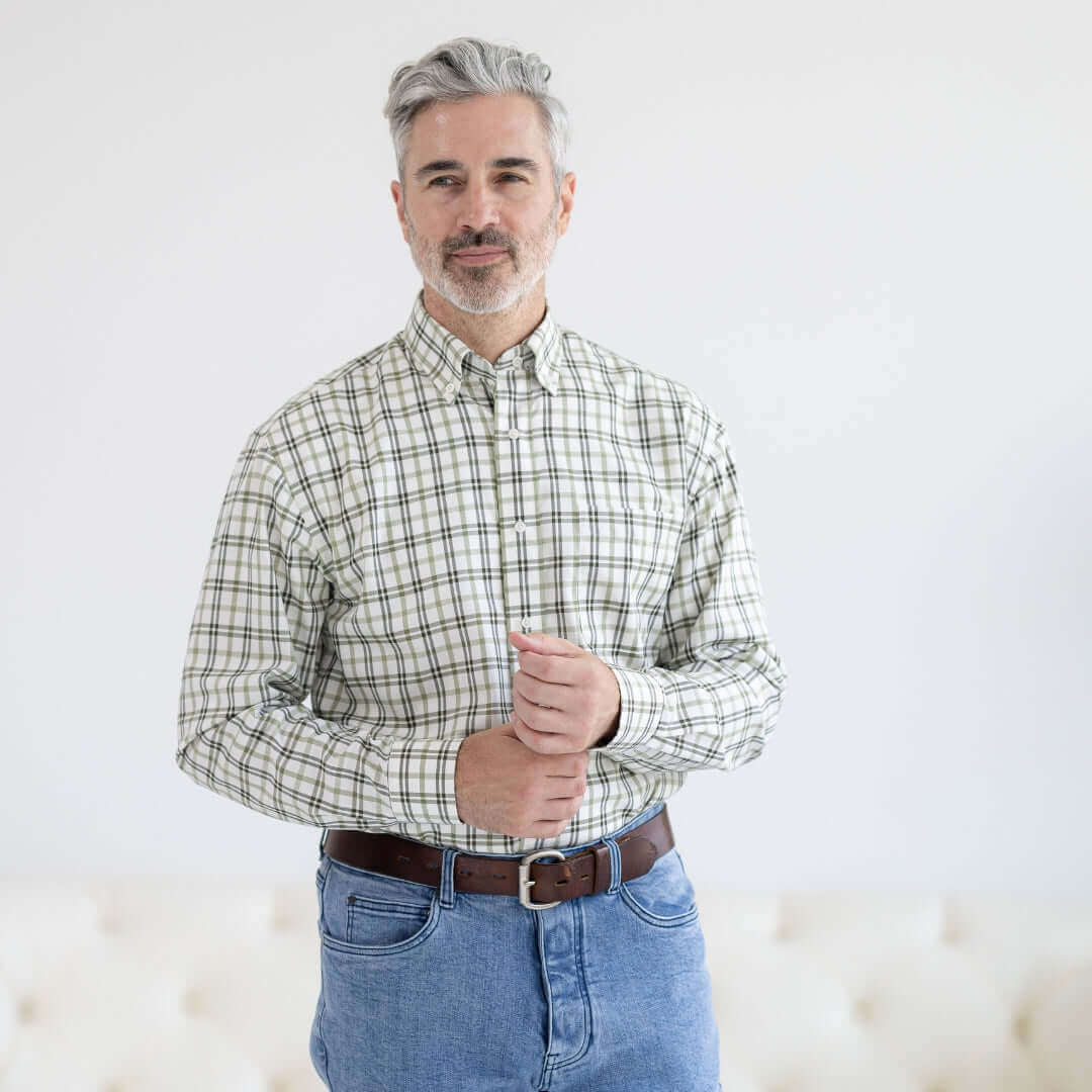 Green and Black Plaid Long Sleeve Button Down Collar Shirt with Magnetic Closures