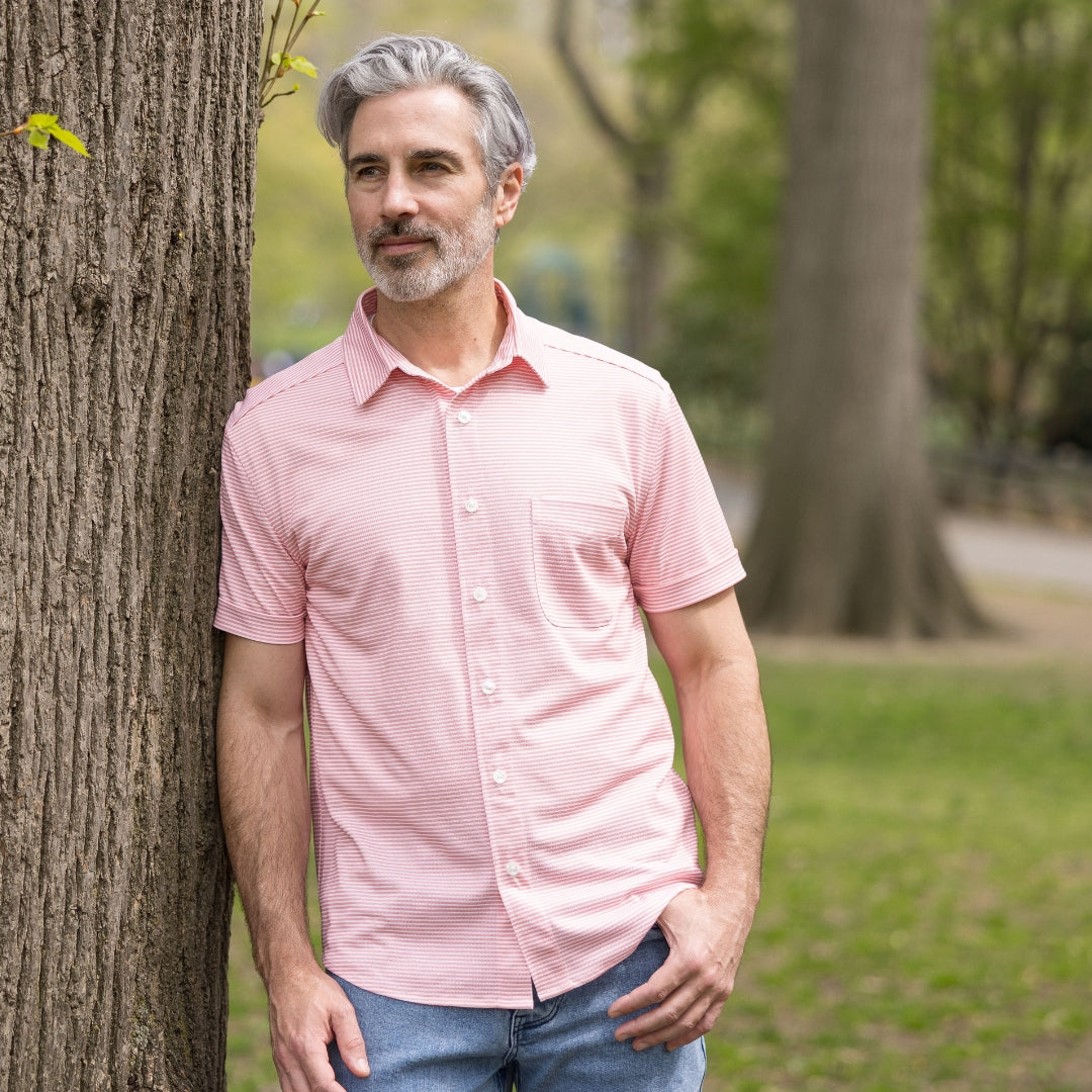 Adaptive Cooling Magnetic Front Short Sleeve Shirt in Coral Stripe