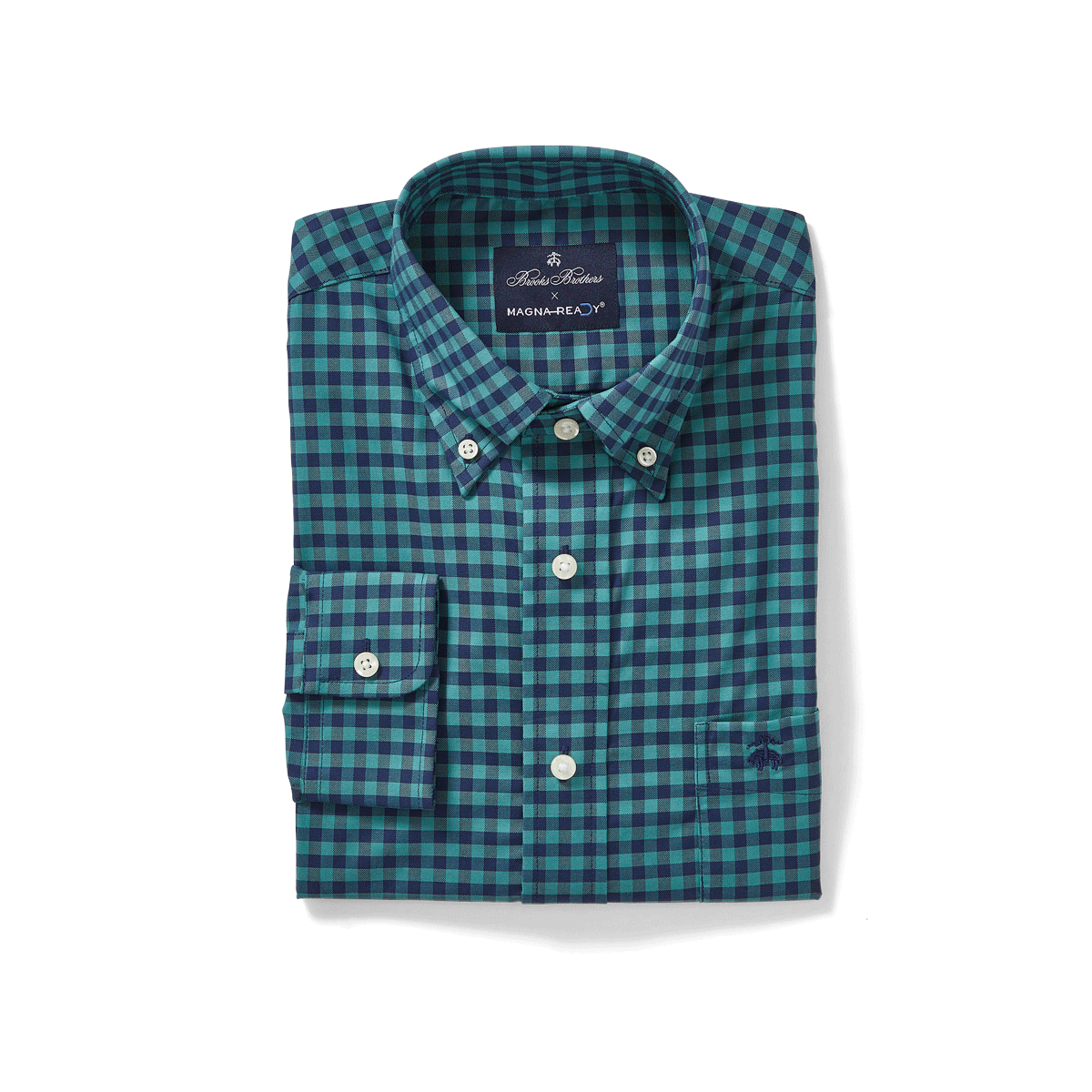 Brooks Brothers X MagnaReady Stretch Long Sleeve Green and Blue Plaid Button-Down Collar with Magnetic Closures