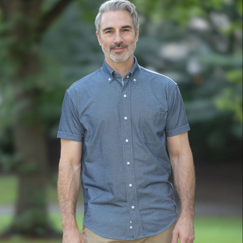 Short Sleeve Stretch Denim Button Down Shirt with Magnetic Closures | MagnaReady - view 6
