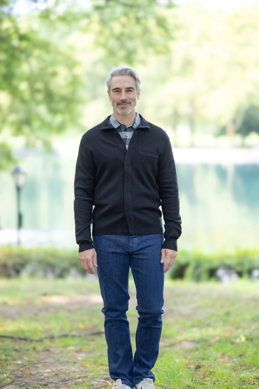 Classic Black Adaptive Sweater with Magnetic Front Closure and Pocket