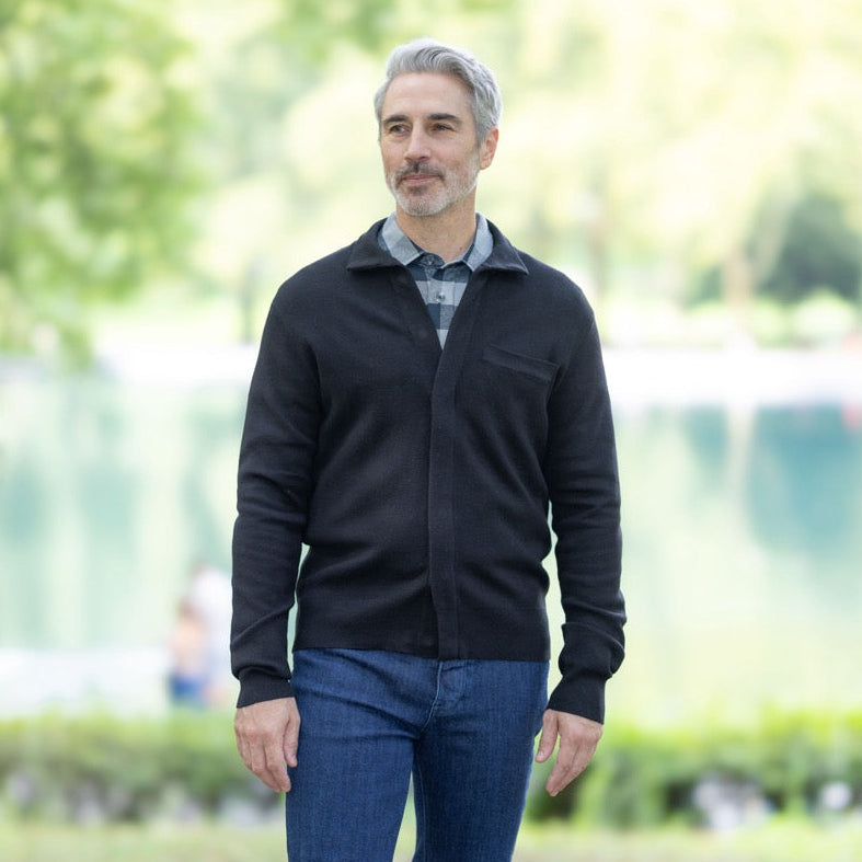 Classic Black Adaptive Sweater with Magnetic Front Closure and Pocket