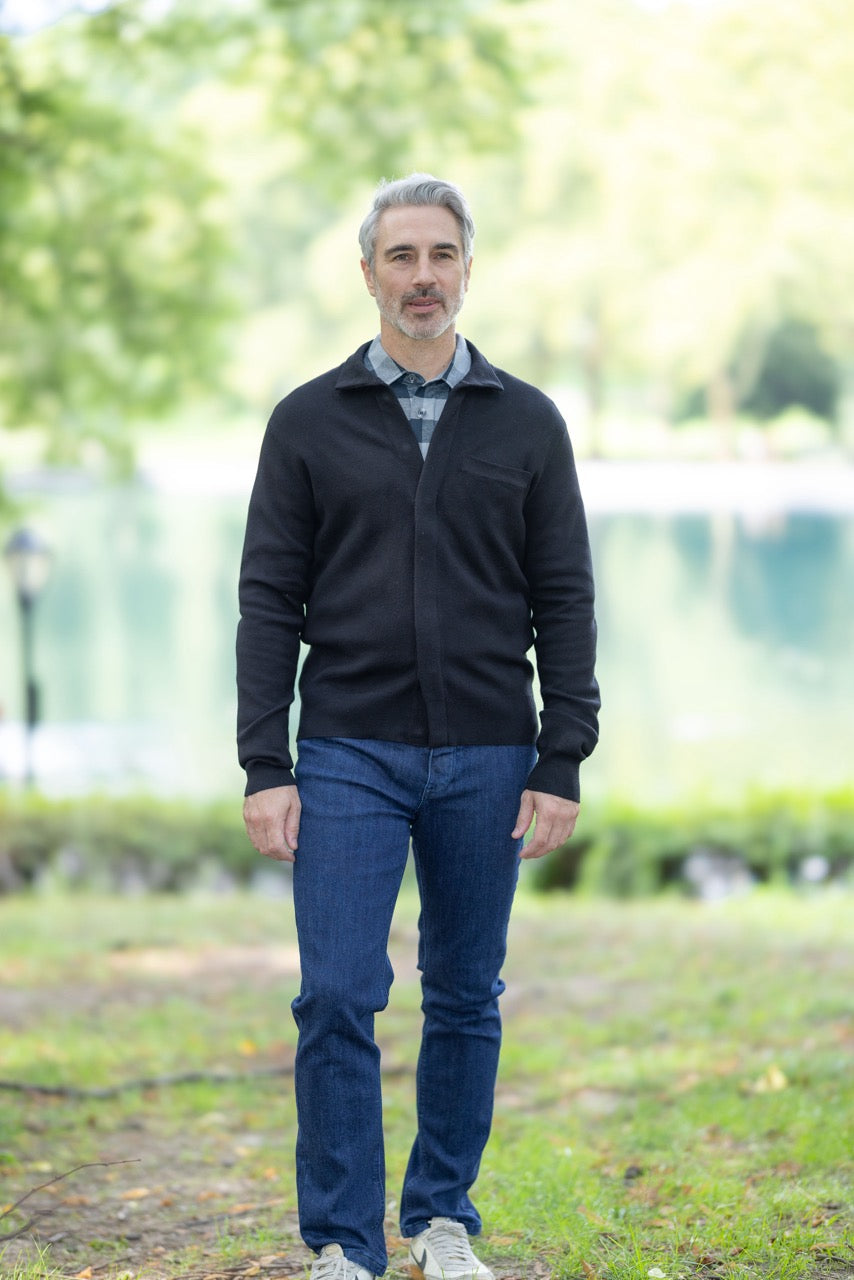 Classic Black Adaptive Sweater with Magnetic Front Closure and Pocket