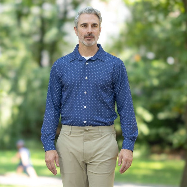 MagnaReady Navy Floral Magnetic Front Long Sleeve Cooling Adaptive Shirt with Pocket | MagnaReady