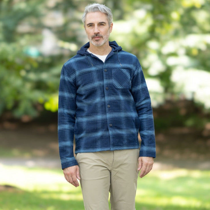 MagnaReady Magnetic Front Hooded Flannel Jacket in Navy | MagnaReady