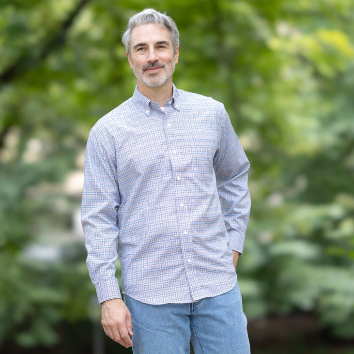 Long Sleeve Magnetic Closure Button-Down in Brown and Blue Plaid
