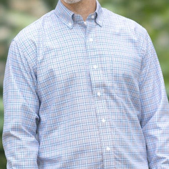 Long Sleeve Magnetic Closure Button-Down in Brown and Blue Plaid