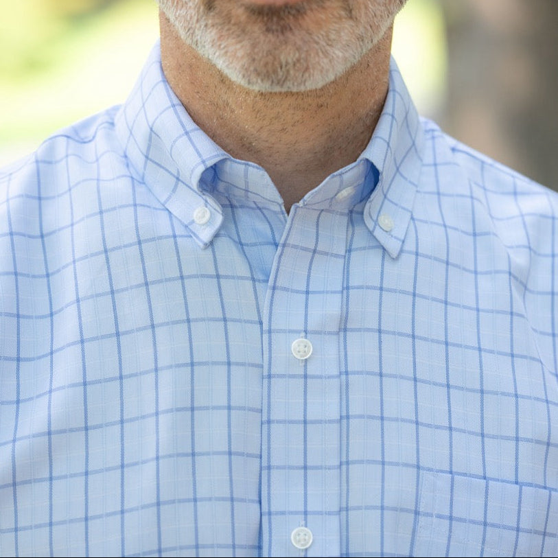 Long Sleeve Light Blue Grid Button Down Shirt with Magnetic Closures