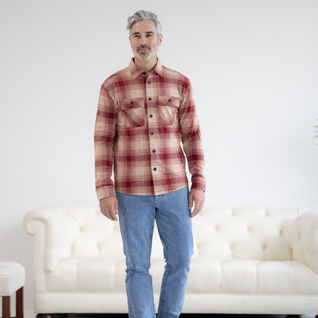 New! Adaptive Red and Orange Plaid Flannel Shirt with Magnetic Closures