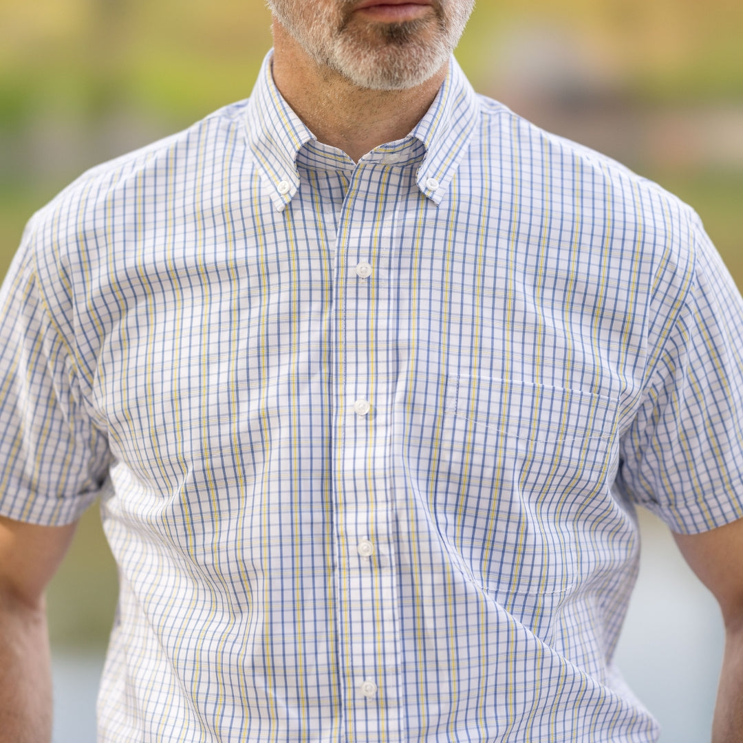 Blue and Yellow Short Sleeve Shirt with Magnetic Closures