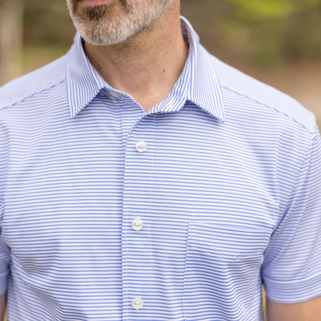 Adaptive Cooling Magnetic Front Short Sleeve Shirt in Blue Stripe