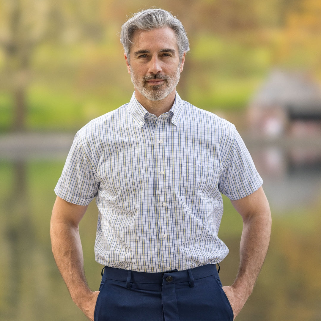 Blue and Yellow Short Sleeve Shirt with Magnetic Closures