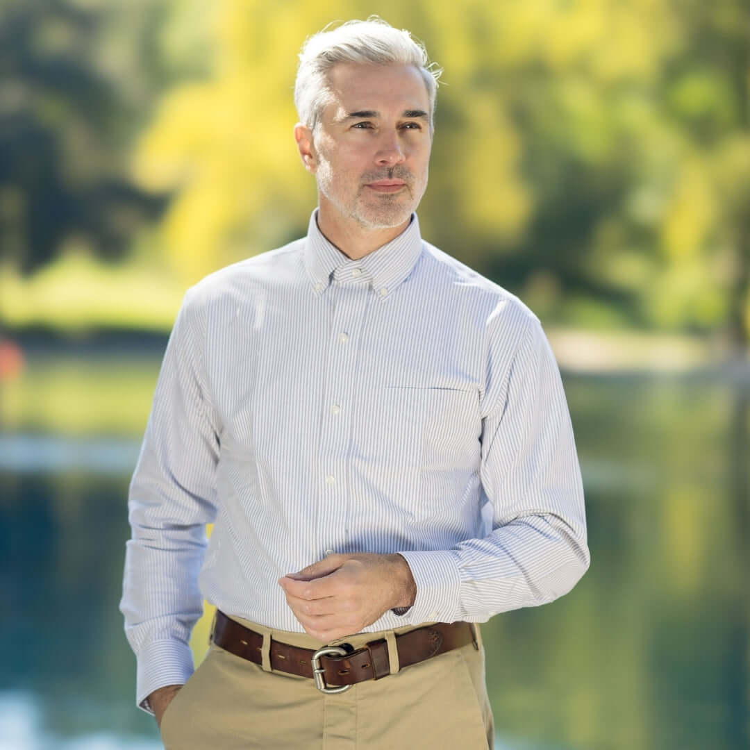 Brown Stripe Long Sleeve Button Down Collar Shirt with Magnetic Closures worn by a man outdoors.