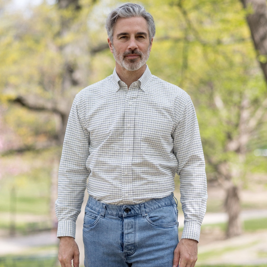 New! Green and Navy Grid Long Sleeve Button Down Collar Shirt with Magnetic Closures