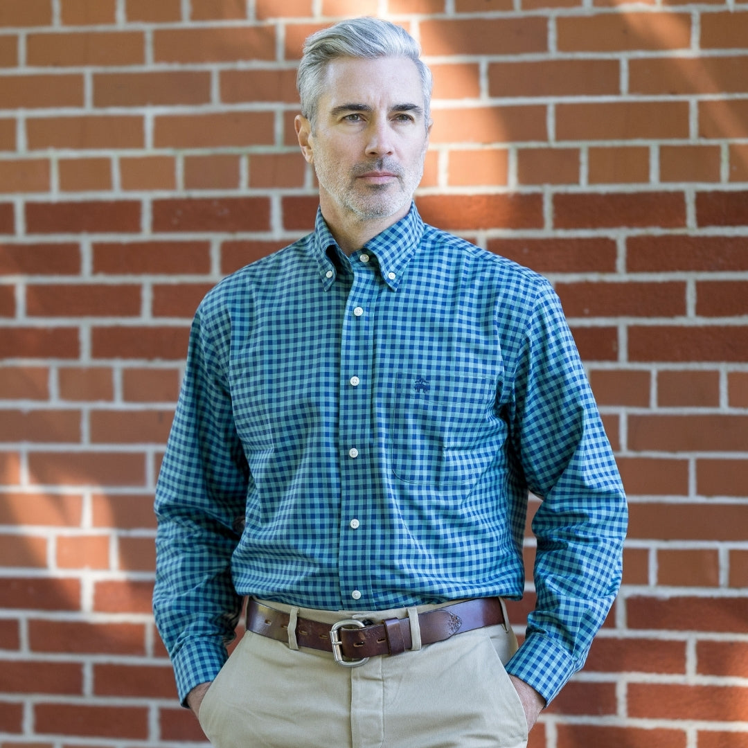 Brooks Brothers X MagnaReady Stretch Long Sleeve Green and Blue Plaid Button-Down Collar with Magnetic Closures