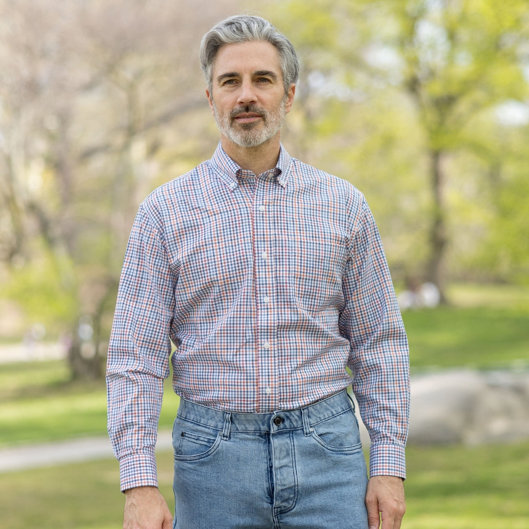New! Blue and Orange Plaid Long Sleeve Button Down Collar Shirt with Magnetic Closures