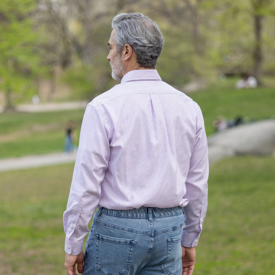 Blue and Pink Grid Long Sleeve Button Down Collar Shirt with Magnetic Closures