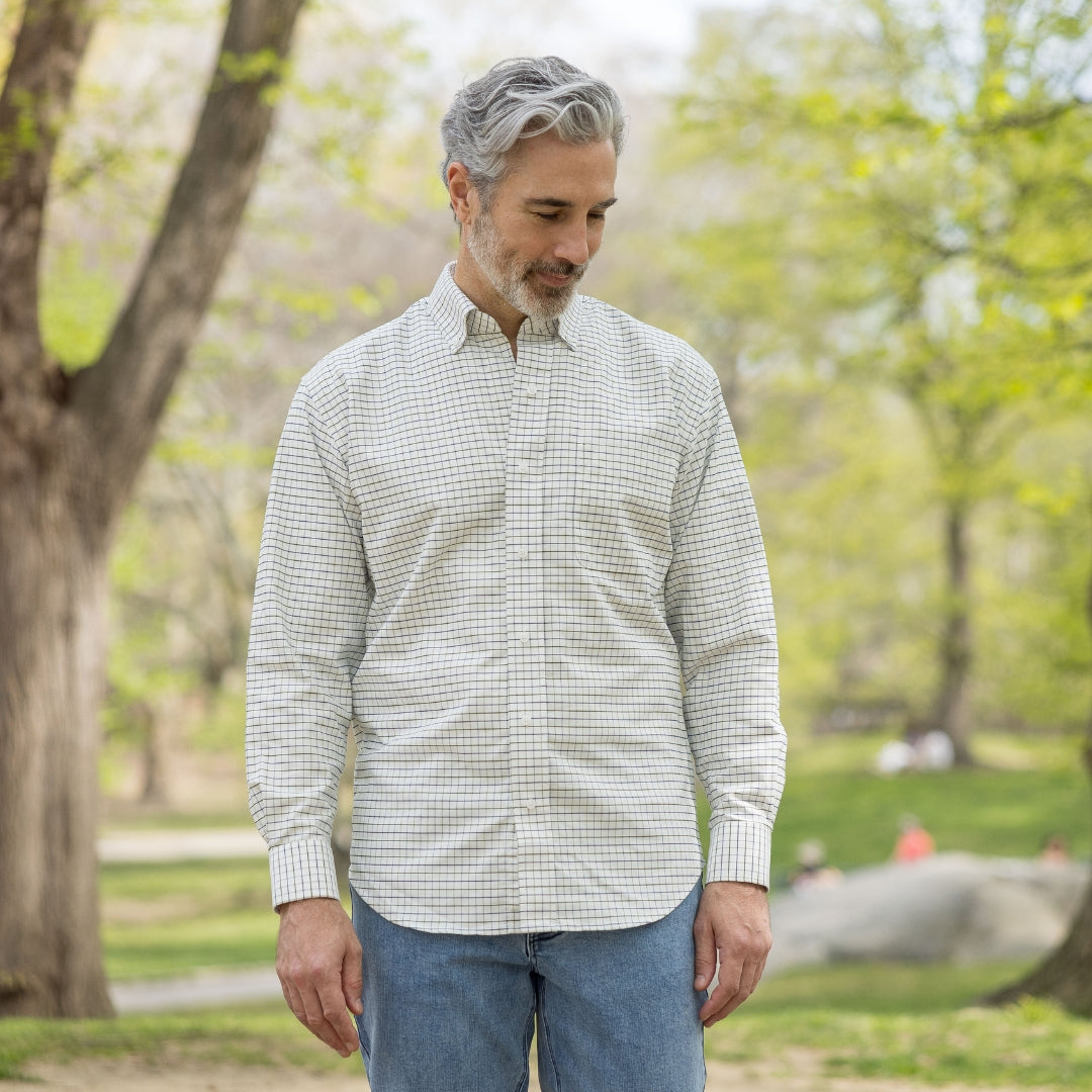 New! Green and Navy Grid Long Sleeve Button Down Collar Shirt with Magnetic Closures