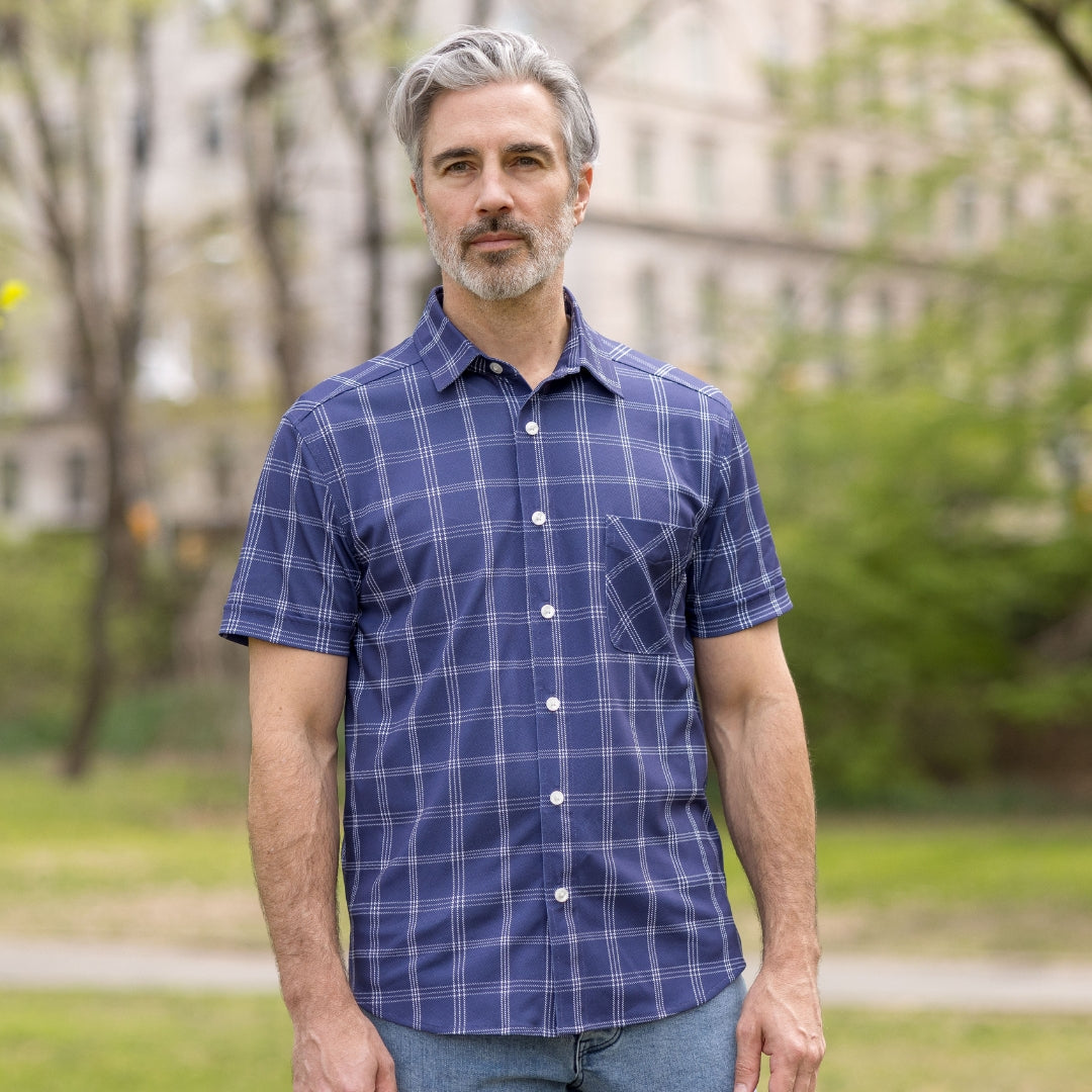 Adaptive Cooling Magnetic Front Short Sleeve Shirt in Navy Windowpane