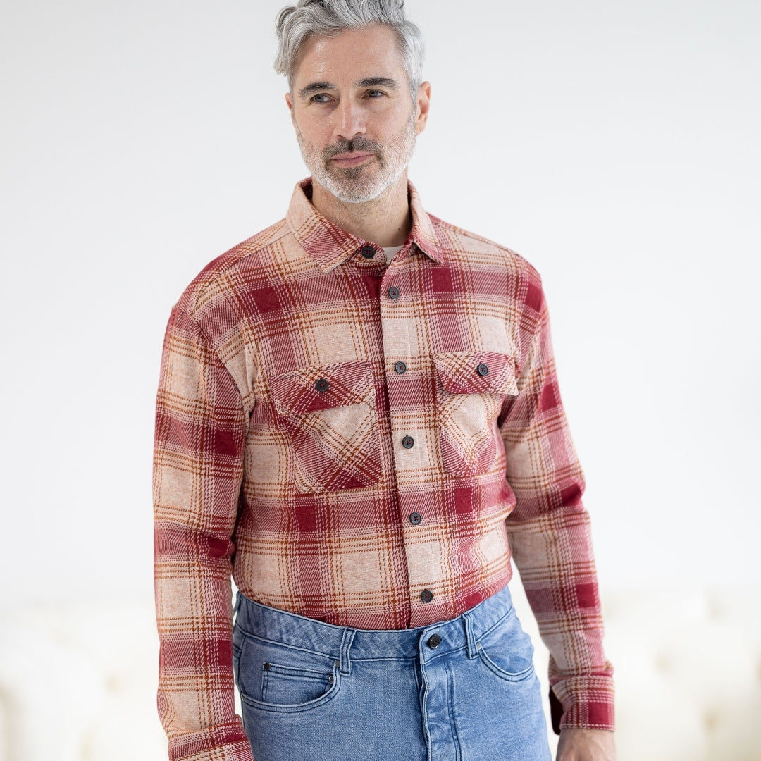 New! Adaptive Red and Orange Plaid Flannel Shirt with Magnetic Closures