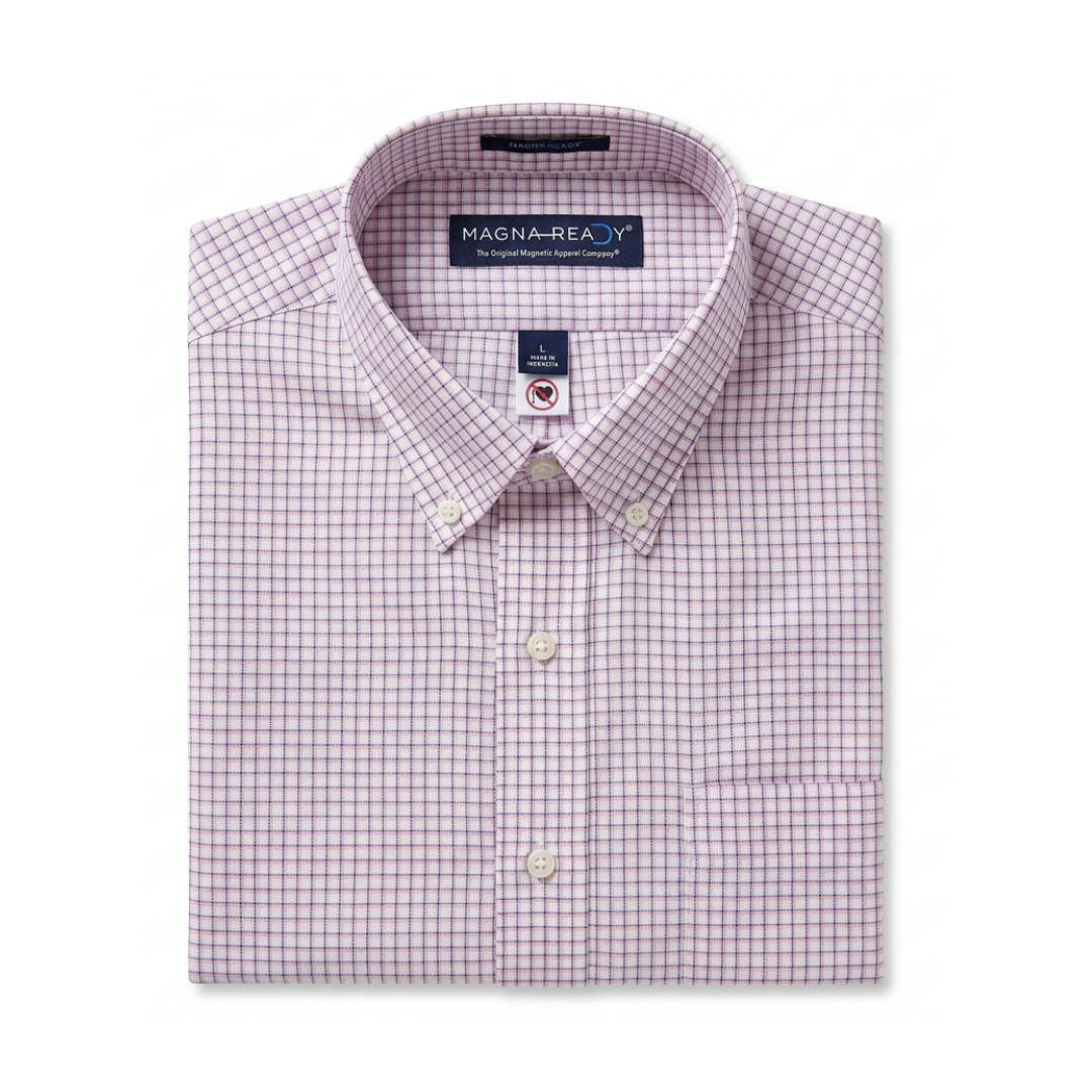 Blue and Pink Grid Long Sleeve Button Down Collar Shirt with Magnetic Closures
