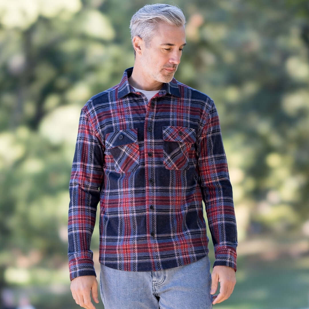 Adaptive Blue and Red Plaid Flannel Shirt with Magnetic Closures worn by a man outdoors.