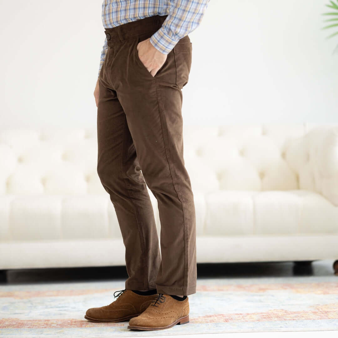 Side view of adaptive brown fine whale corduroy pants with magnetic fly, designed for ease and comfort.
