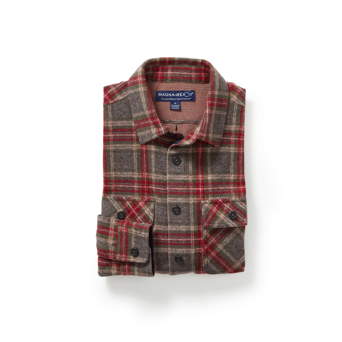 Adaptable brown glen plaid flannel shirt jacket combo with magnetic closures, perfect for layering in any season.