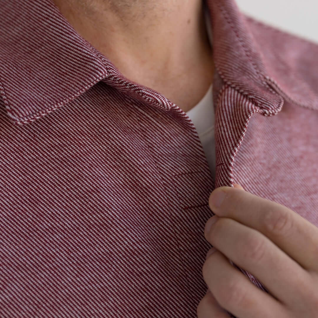Close-up of Rio Red Adaptive Western Knit Twill Shirt showcasing magnetic buttons and textured fabric details.