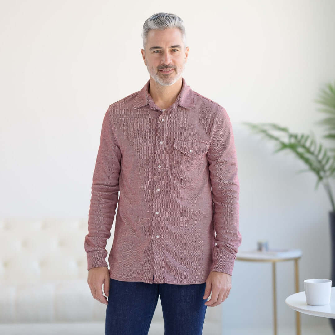 Man wearing adaptive Rio Red Western knit twill shirt with magnetic buttons and chest pocket, showcasing effortless style.