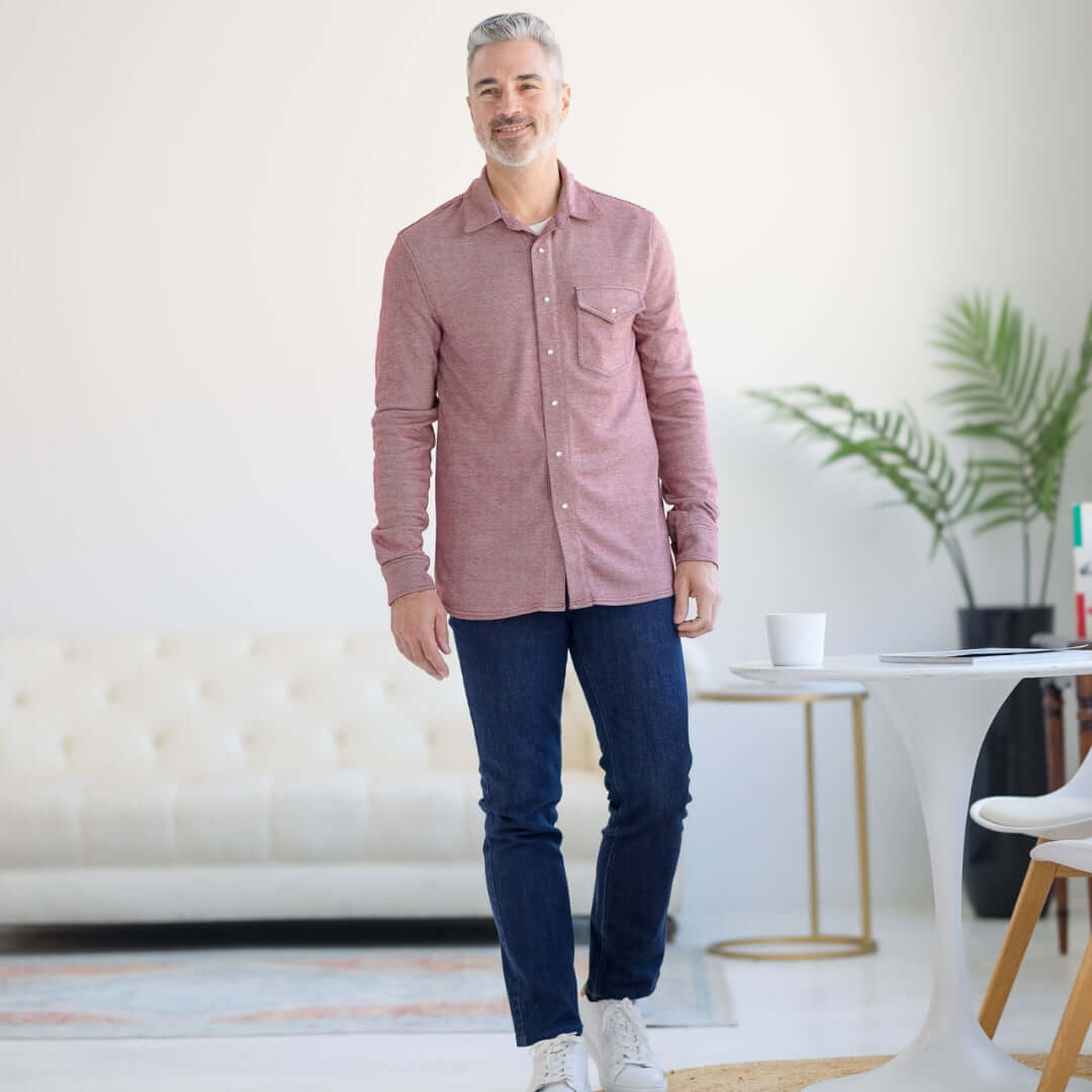 Man wearing Adaptive Casual Western Knit Twill Shirt with Magnetic Buttons in Rio Red, styled with denim jeans.