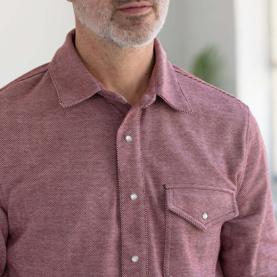 Close-up of a man wearing an adaptive Rio Red Western shirt with magnetic buttons and a chest pocket.