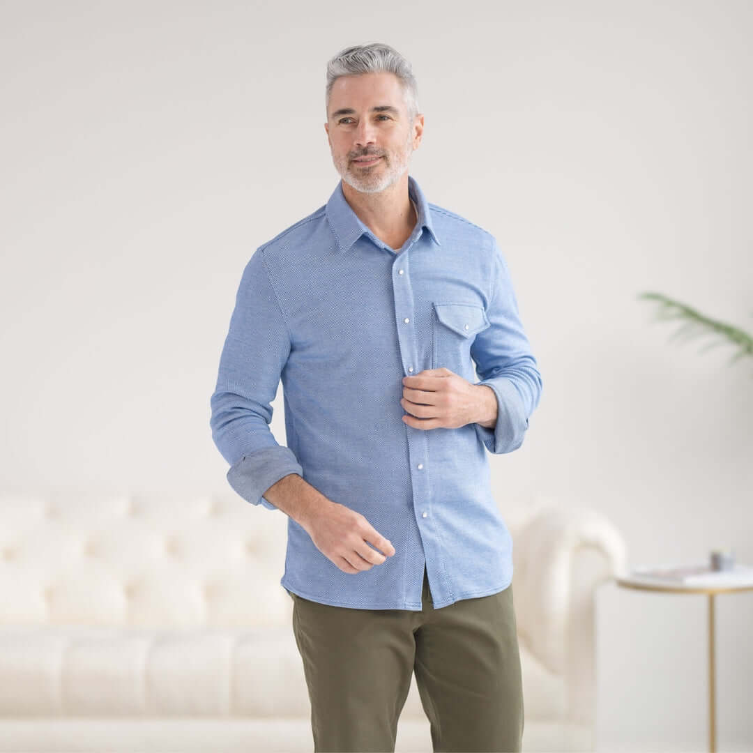Adaptive casual Western knit twill shirt in star sapphire with magnetic buttons and chest pocket, worn by a smiling man.