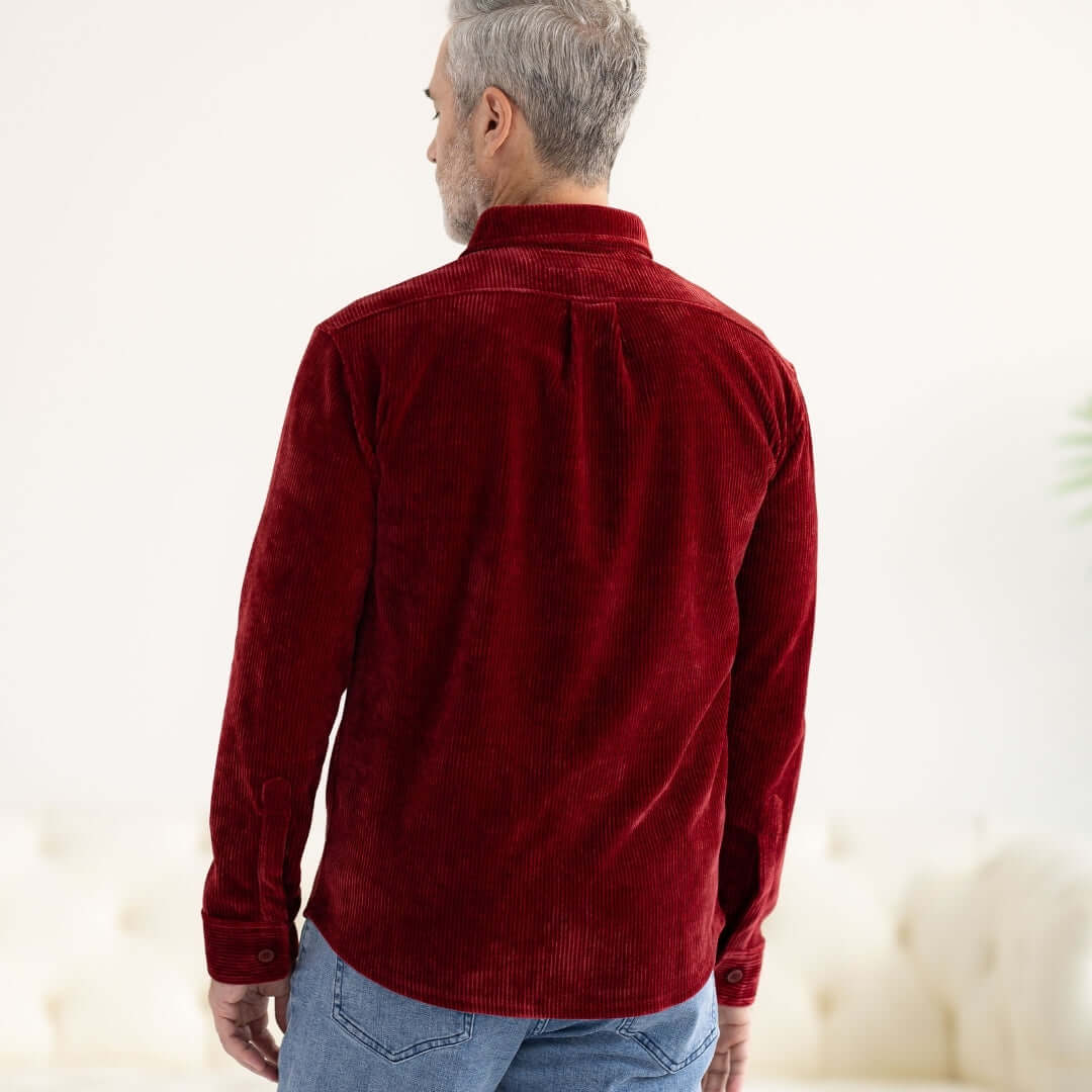 Adaptive Classic Red Everyday Corduroy Shirt with Magnetic Closures and Pockets - Back View