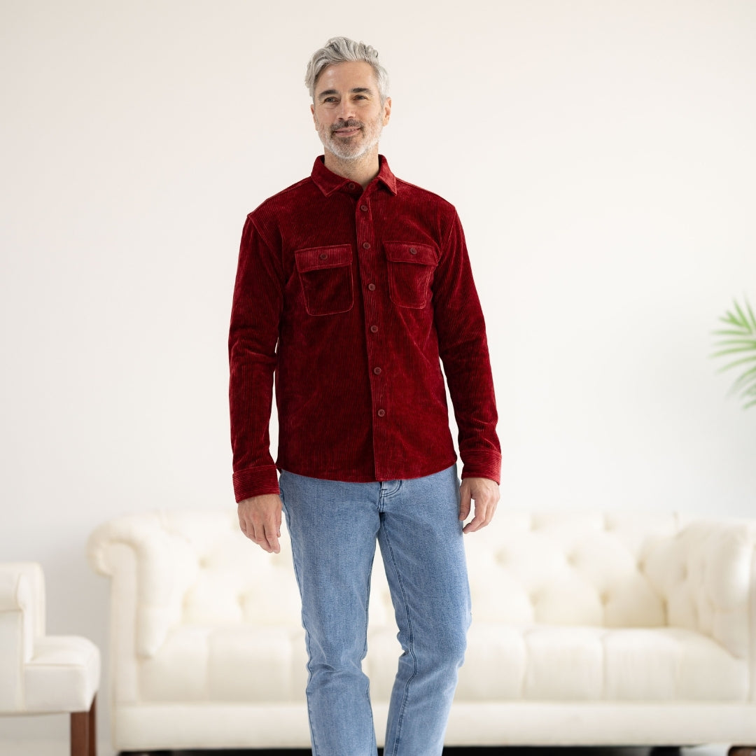 Adaptive Classic Red Everyday Corduroy Shirt with Magnetic Closures and Pockets