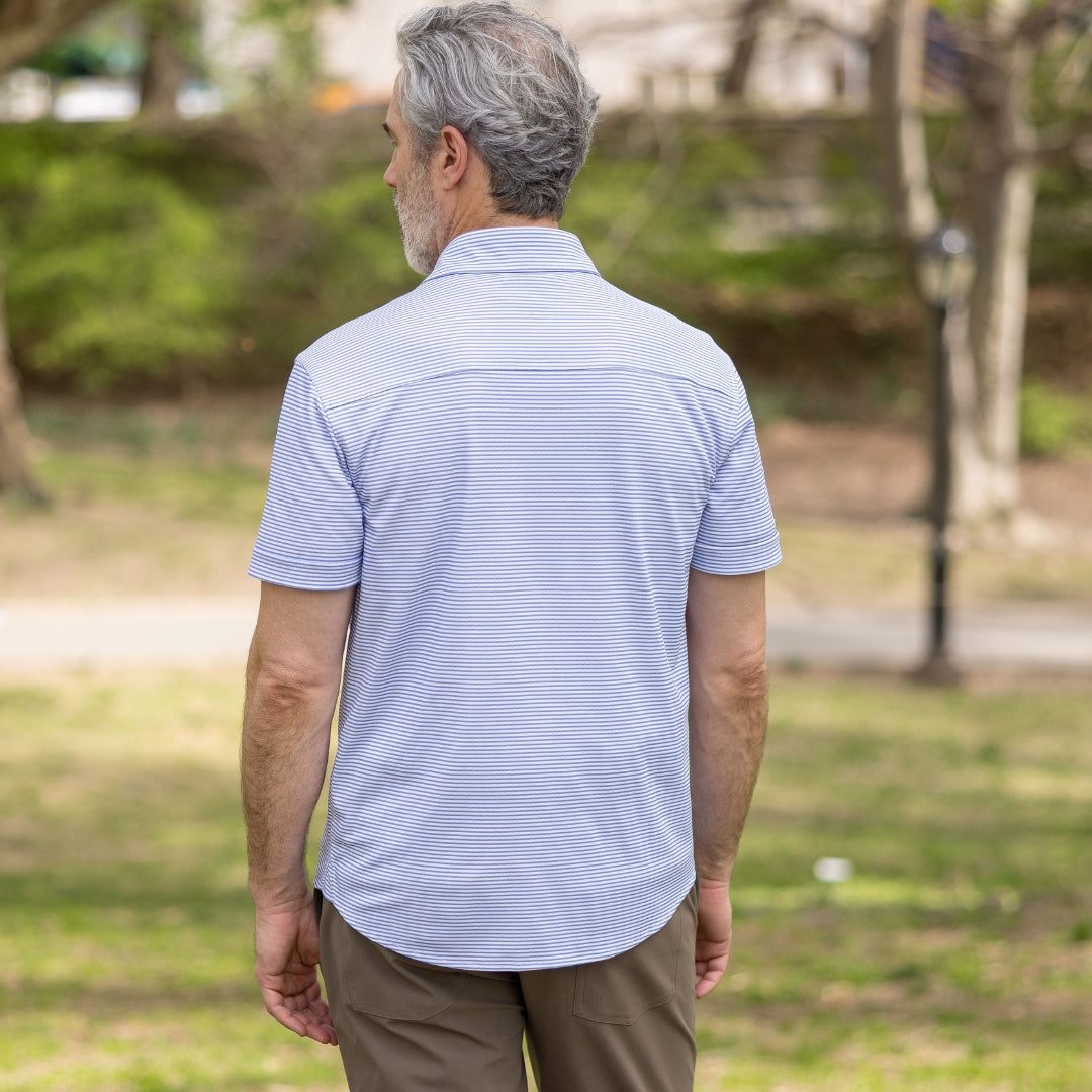 Adaptive Cooling Magnetic Front Short Sleeve Shirt in Blue Stripe - Back view showing design and fit.
