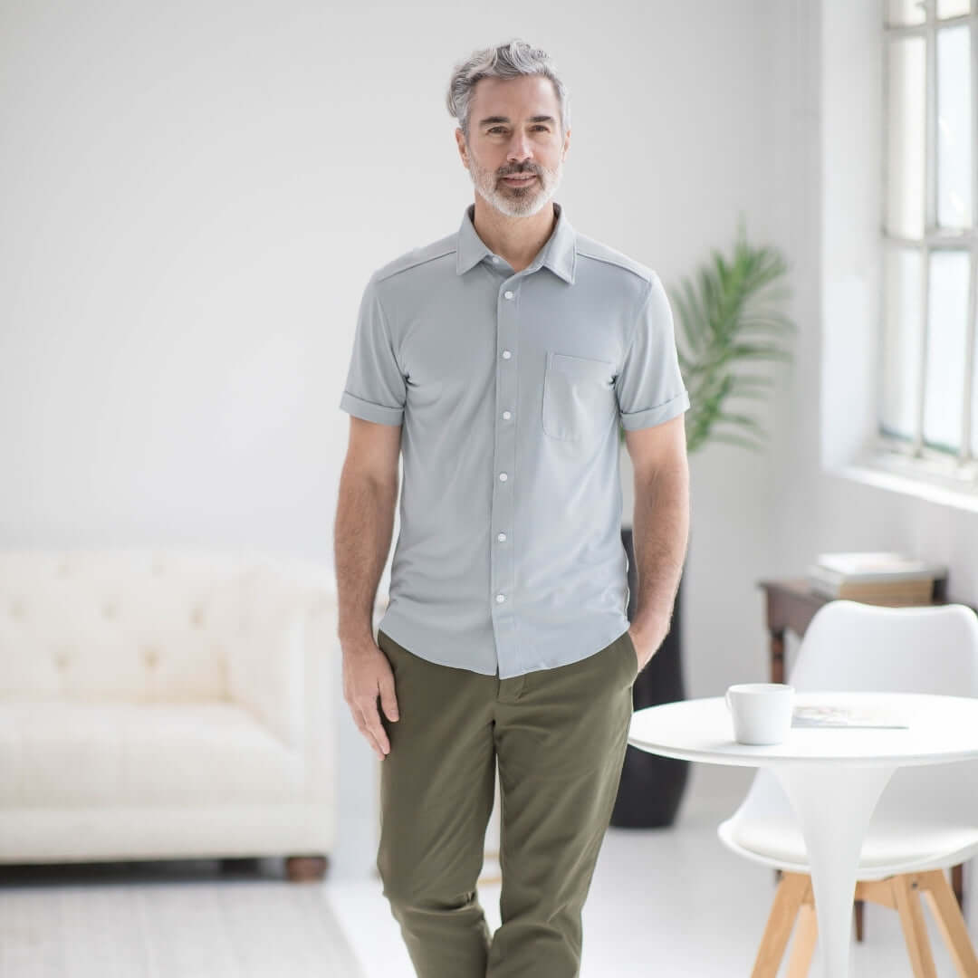 Adaptive cooling magnetic front short sleeves shirt in grey for limited mobility and comfort.