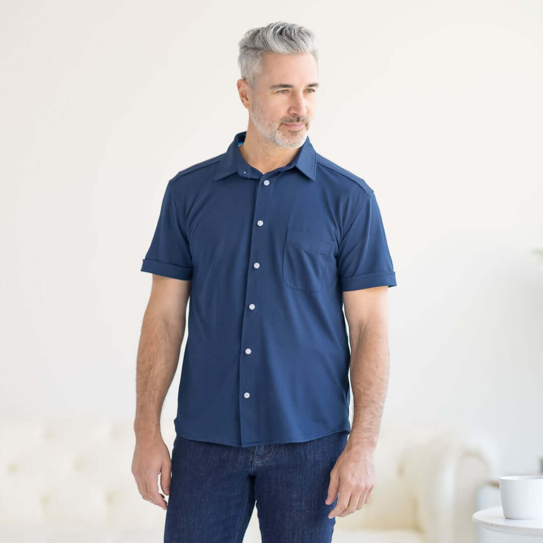 Adaptive cooling magnetic front short sleeves shirt in navy, ideal for limited mobility and comfort.