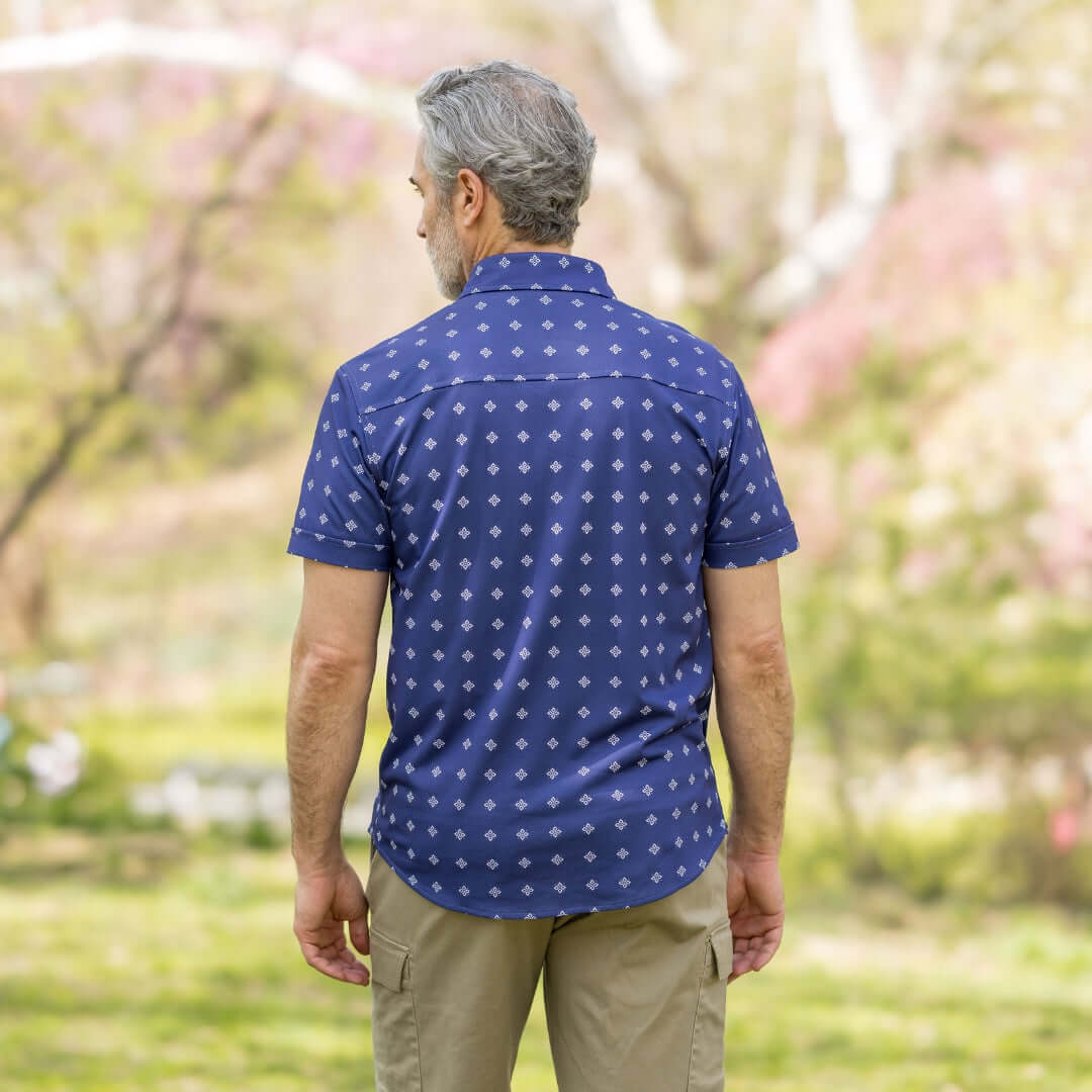 Adaptive Cooling Magnetic Front Short Sleeve Shirt in Navy Diamond - back view outdoors