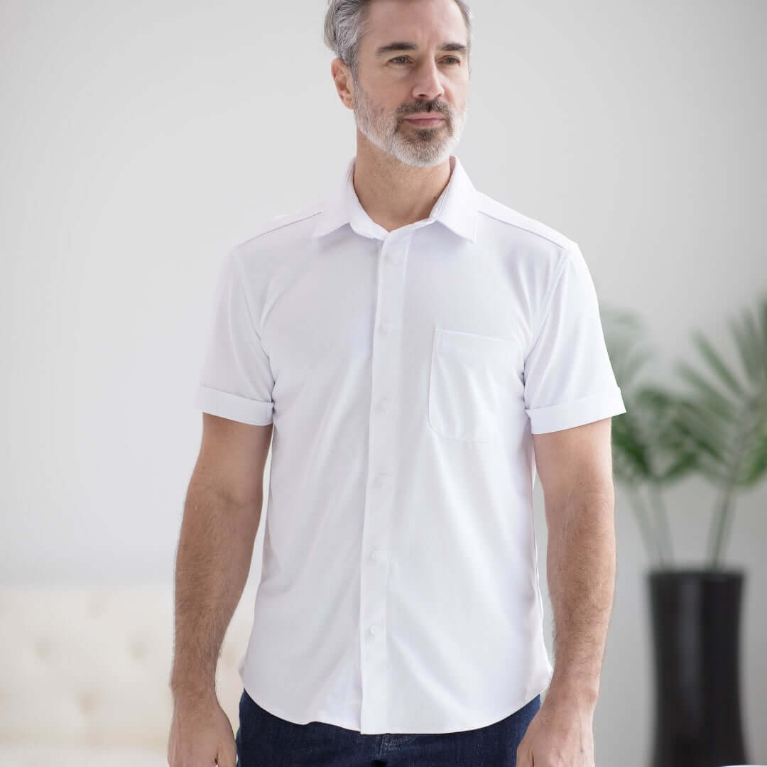 Adaptive cooling magnetic short sleeve polo in white, designed for comfort and mobility support.