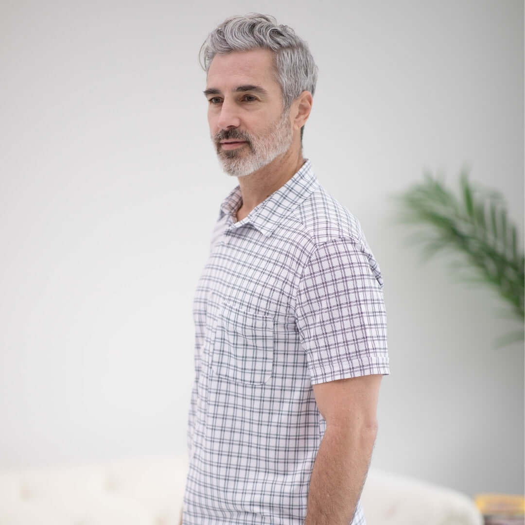 Adaptive magnetic cooling short sleeves shirt in black and white grid, designed for comfort and limited mobility.