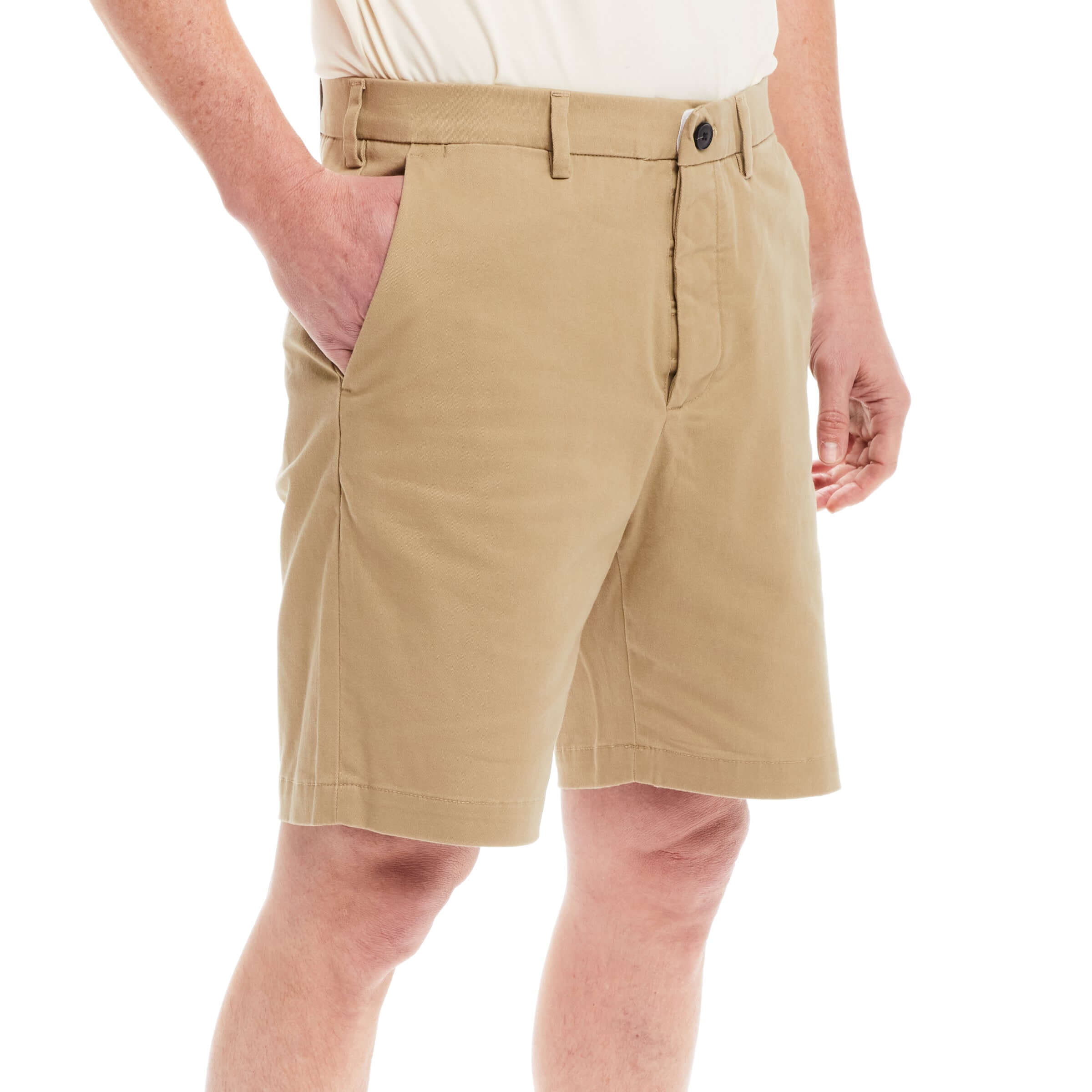 Flat front khaki chino twill shorts with magnetic closures, perfect for effortless dressing in warm weather.