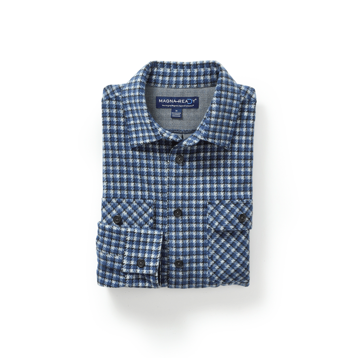 Adaptive flannel shirt in white and navy checks, featuring magnetic closures for easy wear and style.
