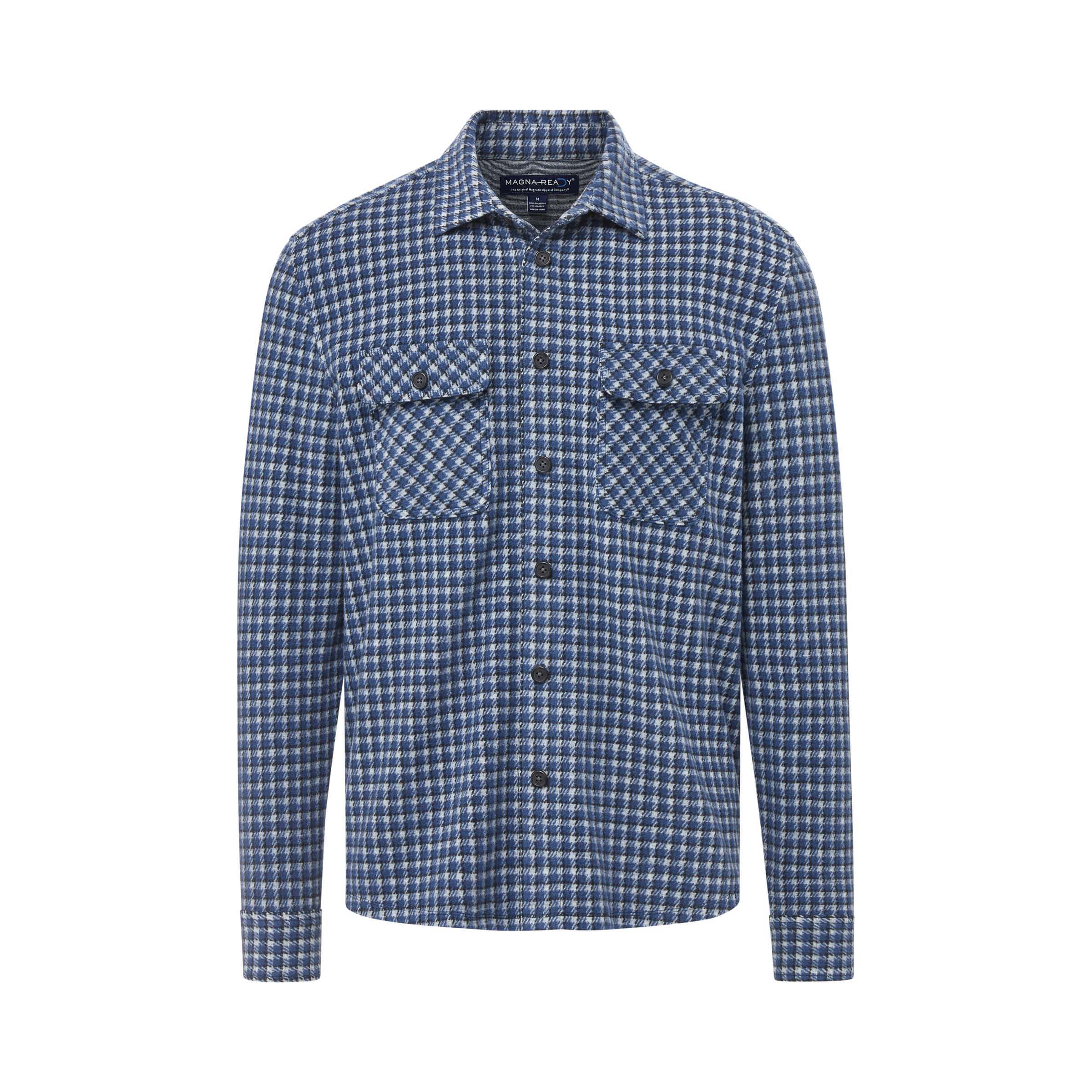 Men's adaptive long sleeve white and navy check flannel shirt with magnetic closures, perfect for layering.