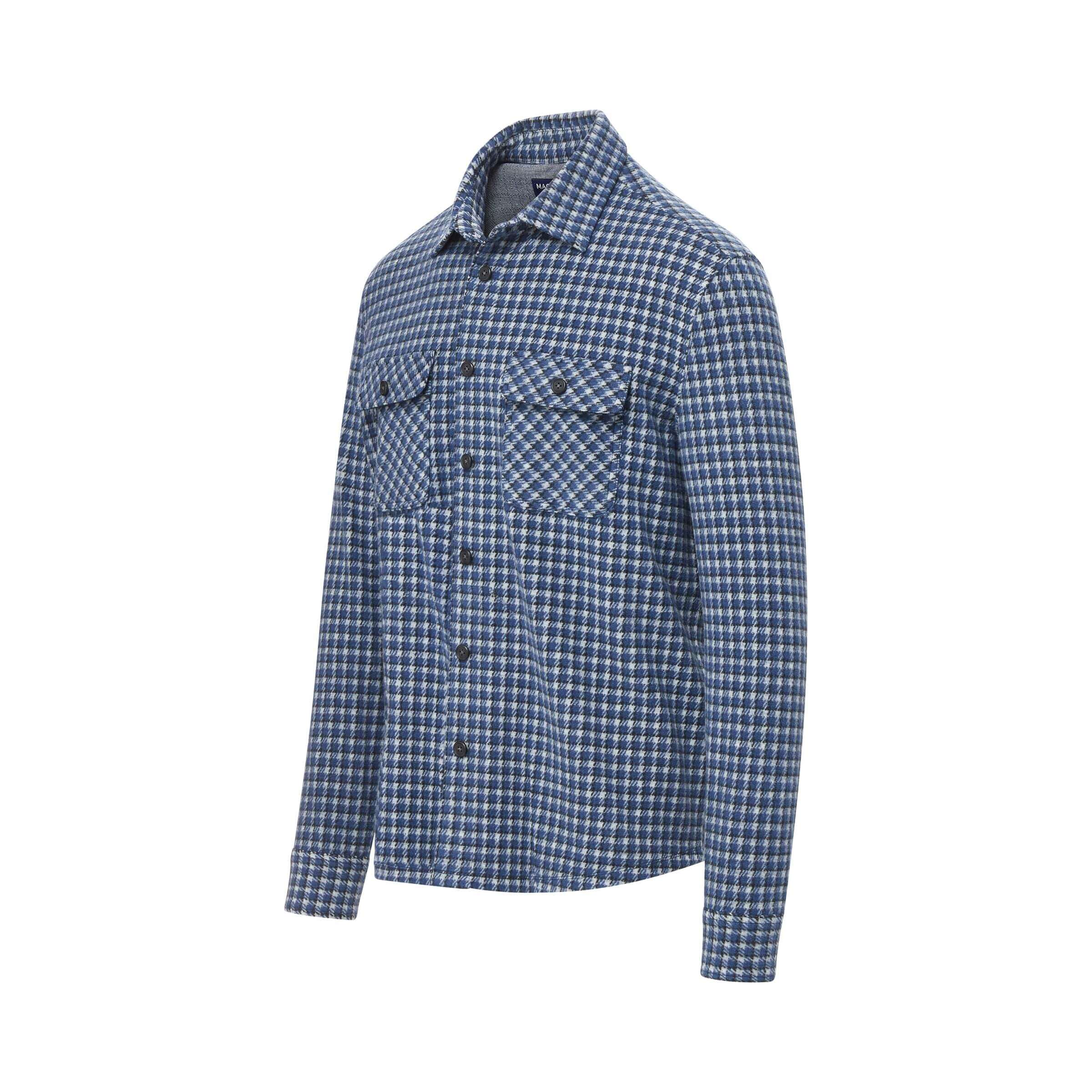 Men's adaptive long sleeve white and navy check flannel shirt, stylish layering piece with magnetic closures.