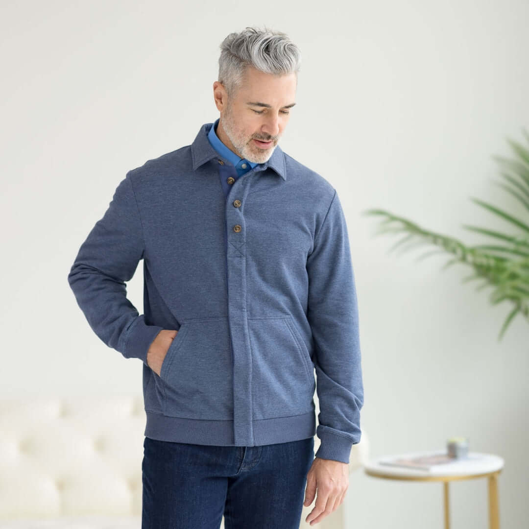 Adaptive Magnetic Front Sweatshirt in Heathered Navy, designed for comfort and ease of wear for limited mobility.