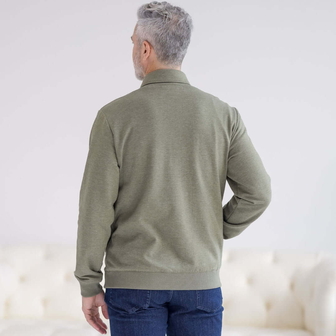 Man wearing the Adaptive Magnetic Front Sweatshirt in Heathered Olive, showcasing a back view for adaptive style.